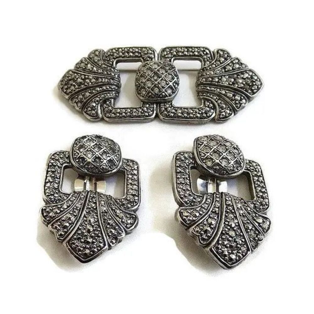 Vintage brooch earrings pave rhinestones faux Marcasite